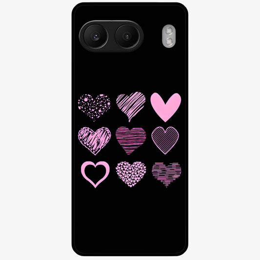 Pink Heart Aesthetic Glass Case for 1+Nord 4 cute front view featuring minimal heart artwork in soft pink tones