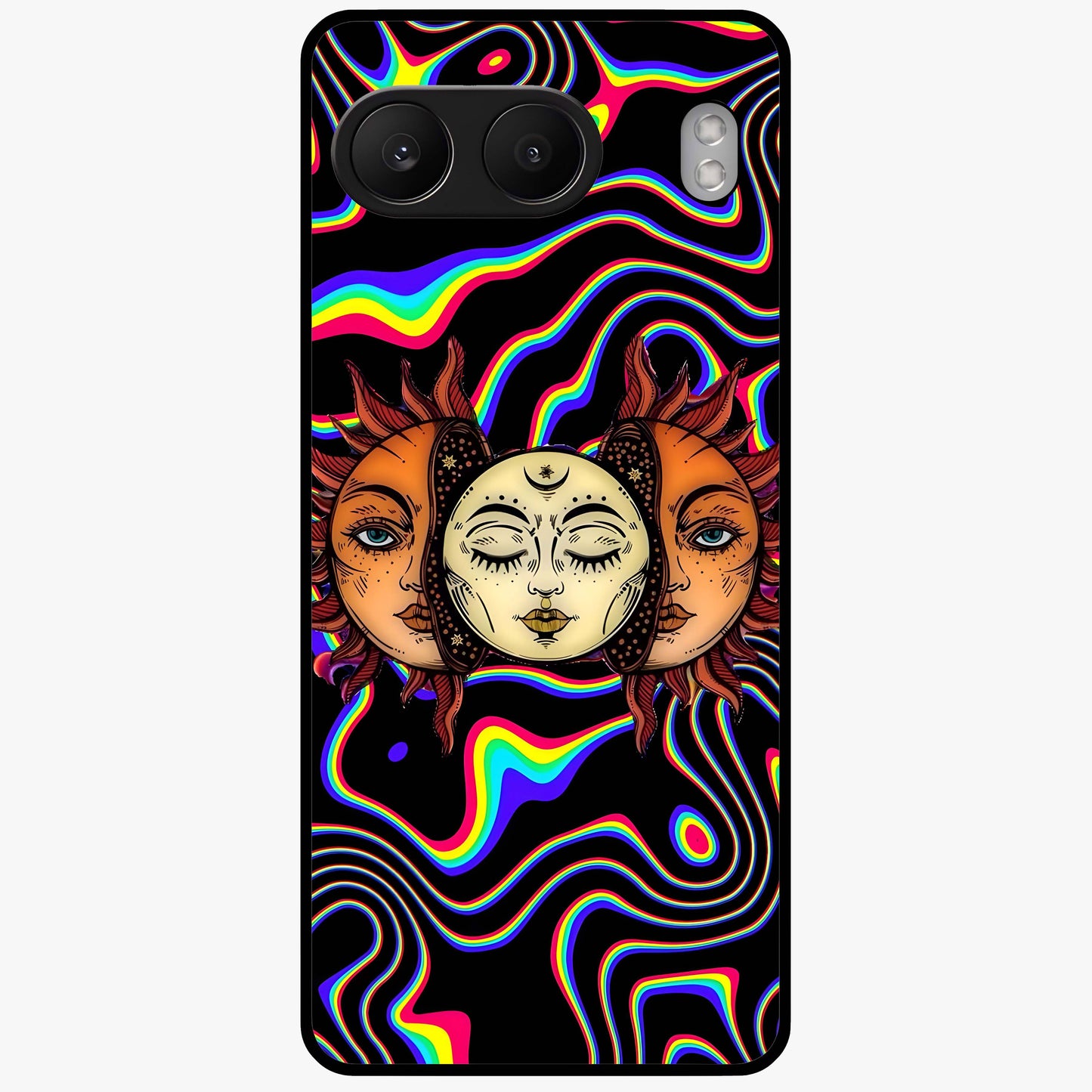 Psychedelic Sun Glass Case for 1+Nord 4 artistic front view featuring vibrant sun artwork in psychedelic colors
