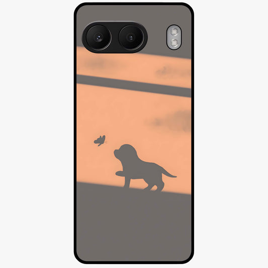 Puppy Shadow Art Glass Case for 1+Nord 4 charming front view featuring artistic puppy silhouette artwork