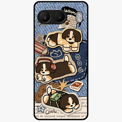 Puppy Sticker Parade Glass Case for 1+Nord 4 playful front view featuring multiple puppy sticker style artwork