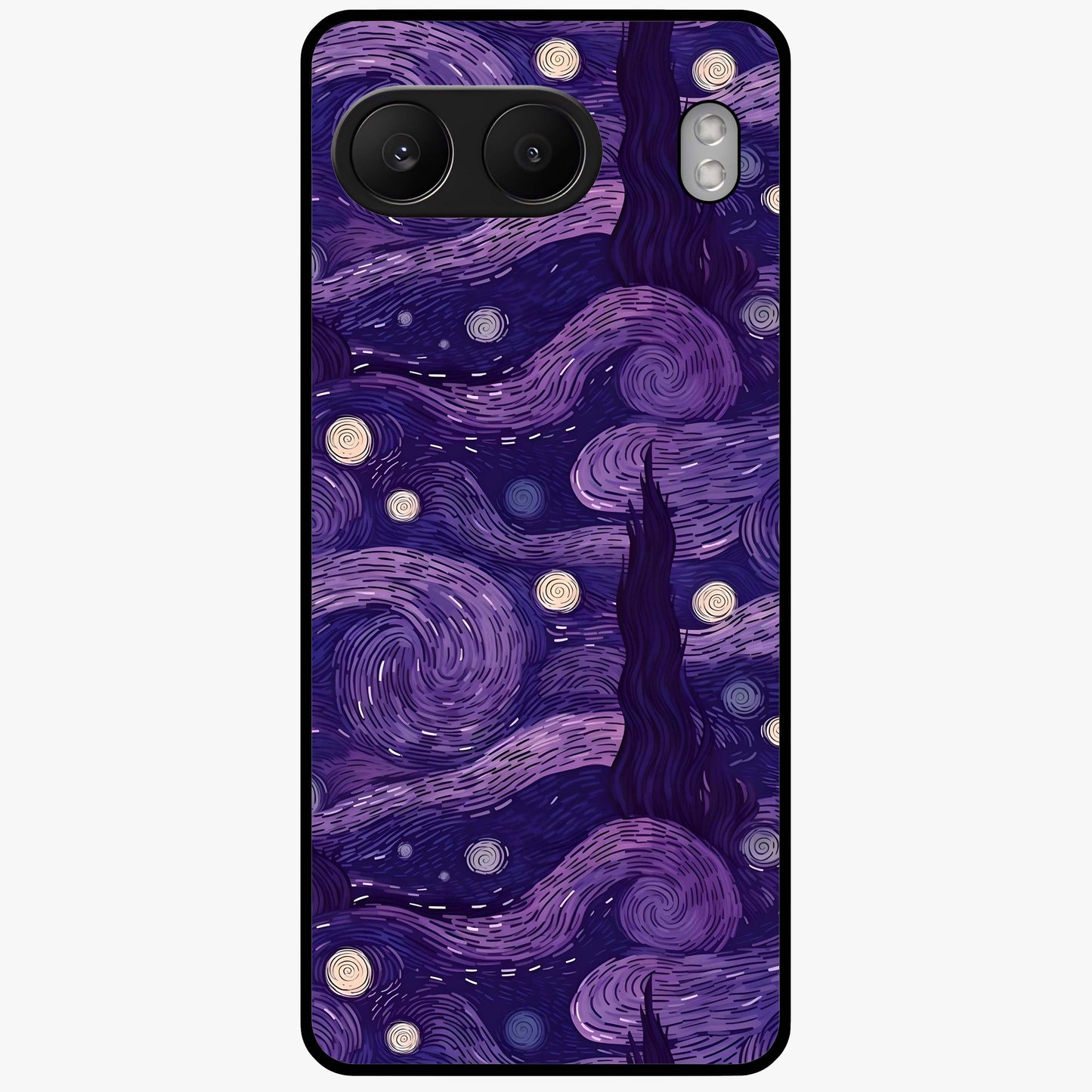 Purple Swirls Glass Case for 1+Nord 4 artistic front view featuring flowing swirl artwork in rich purple tones