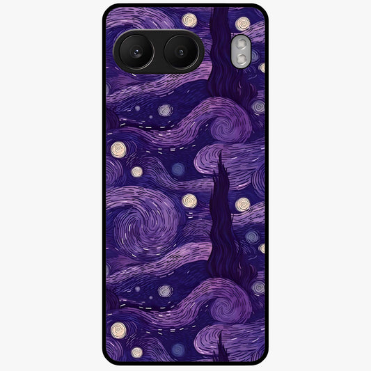 Purple Swirls Glass Case for 1+Nord 4 artistic front view featuring flowing swirl artwork in rich purple tones
