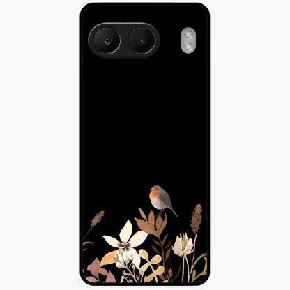 Quiet Garden Tune Glass Case for 1+Nord 4 serene front view featuring peaceful floral garden artwork