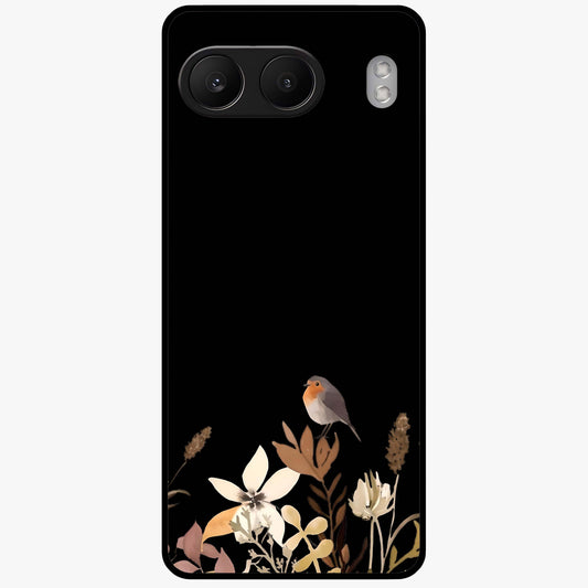 Quiet Garden Tune Glass Case for 1+Nord 4 serene front view featuring peaceful floral garden artwork