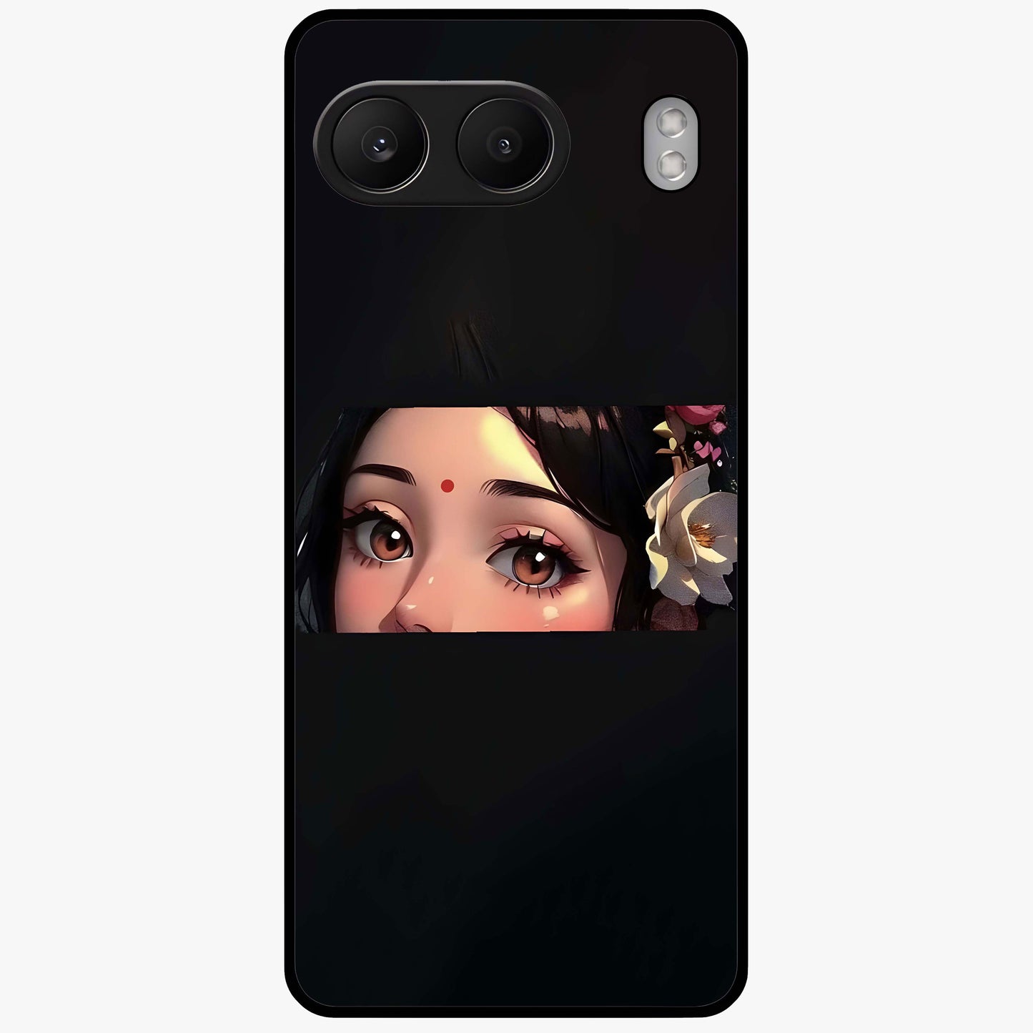 Radha Divine Embrace Glass Case for 1+Nord 4 devotional front view featuring graceful Radha inspired artwork