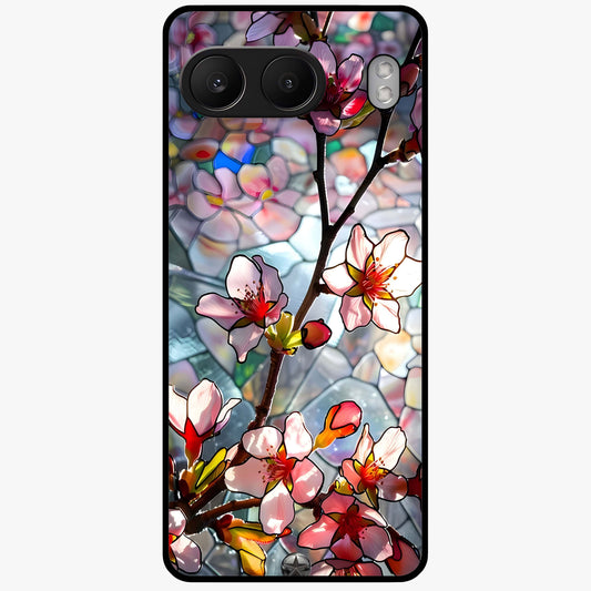 Radiant Bloom Glow Glass Case for 1+Nord 4 vibrant front view featuring glowing floral artwork in warm tones