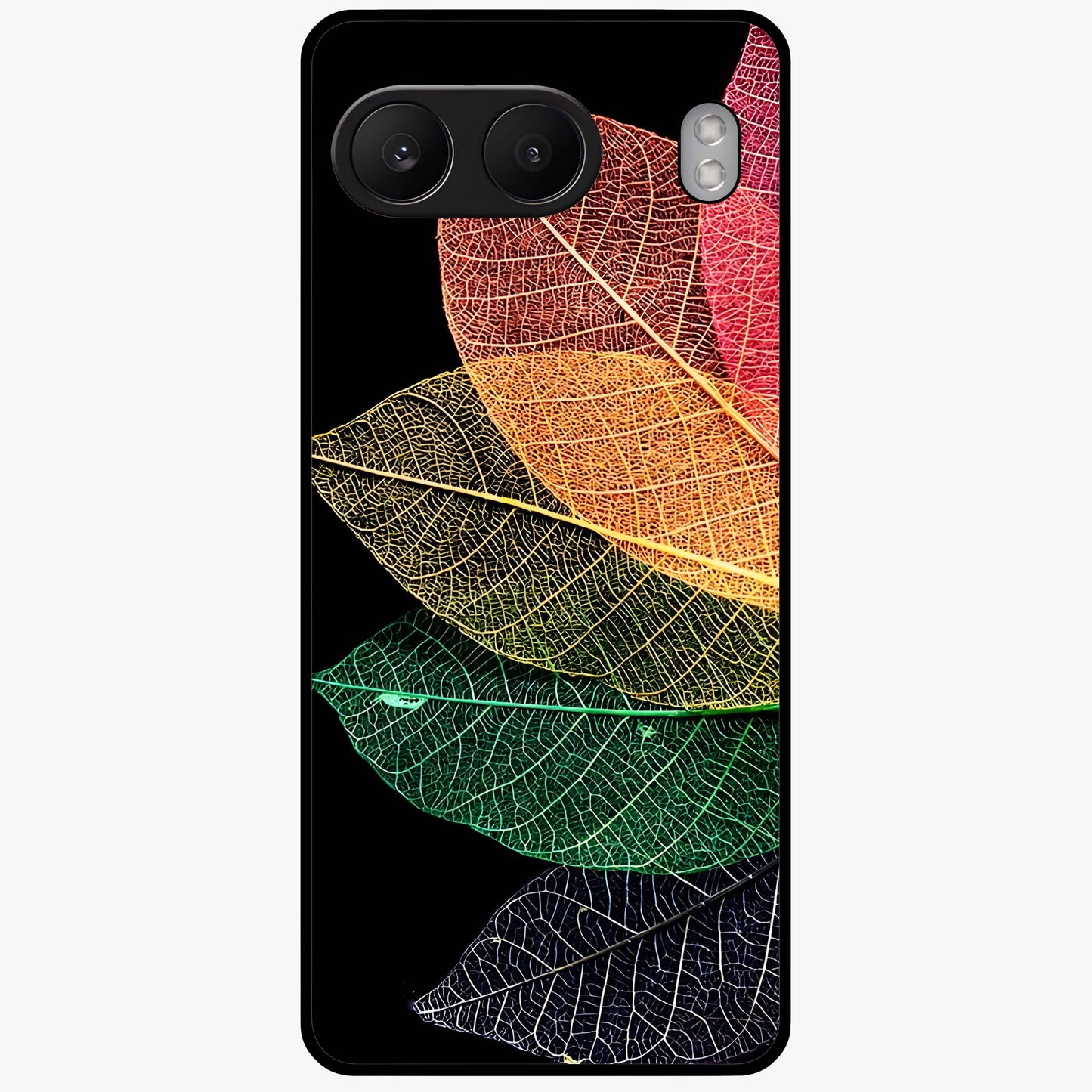 Rainbow Leaf Glow Glass Case for 1+Nord 4 colorful front view featuring vibrant leaf artwork with glowing effect