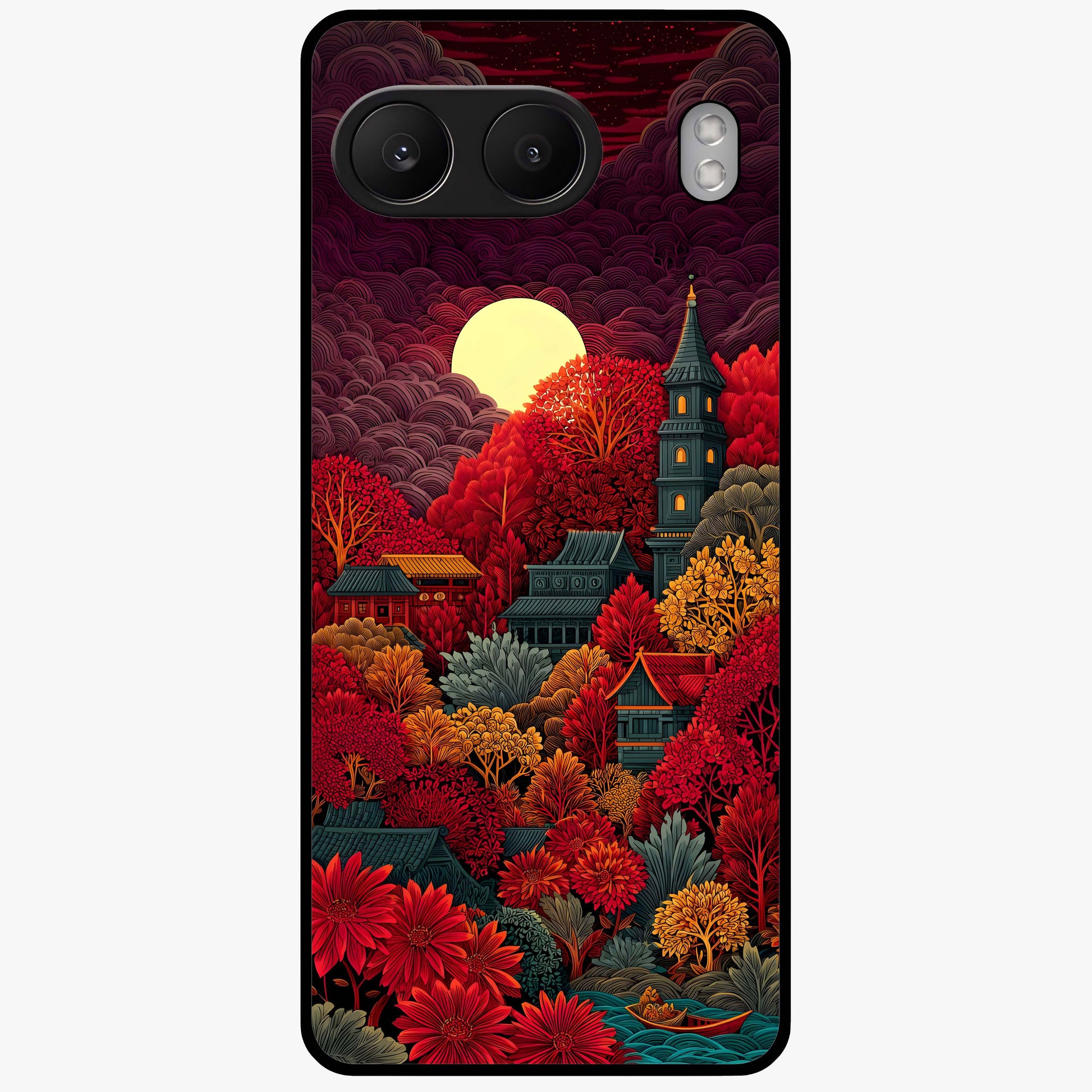 Red Scenery Hot Glass Case for 1+Nord 4 dramatic front view featuring bold red landscape artwork