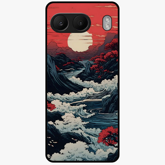 Red Sunset Scenery Glass Case for 1+Nord 4 scenic front view featuring warm sunset landscape artwork