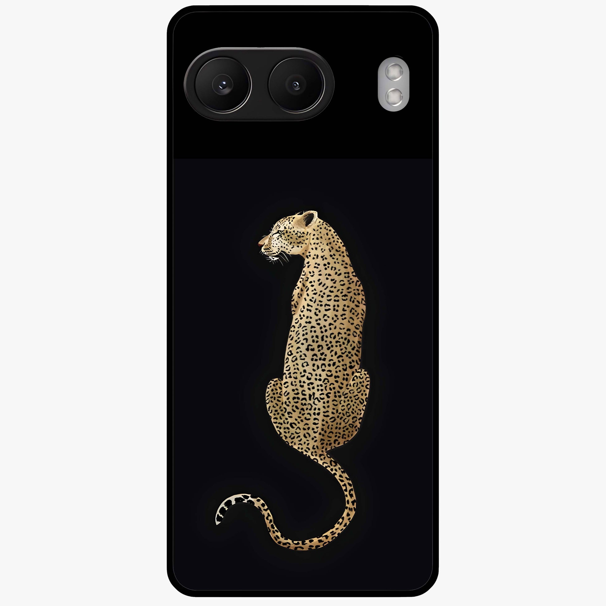 Regal Leopard Glass Case for 1+Nord 4 bold front view featuring majestic leopard artwork with rich tones