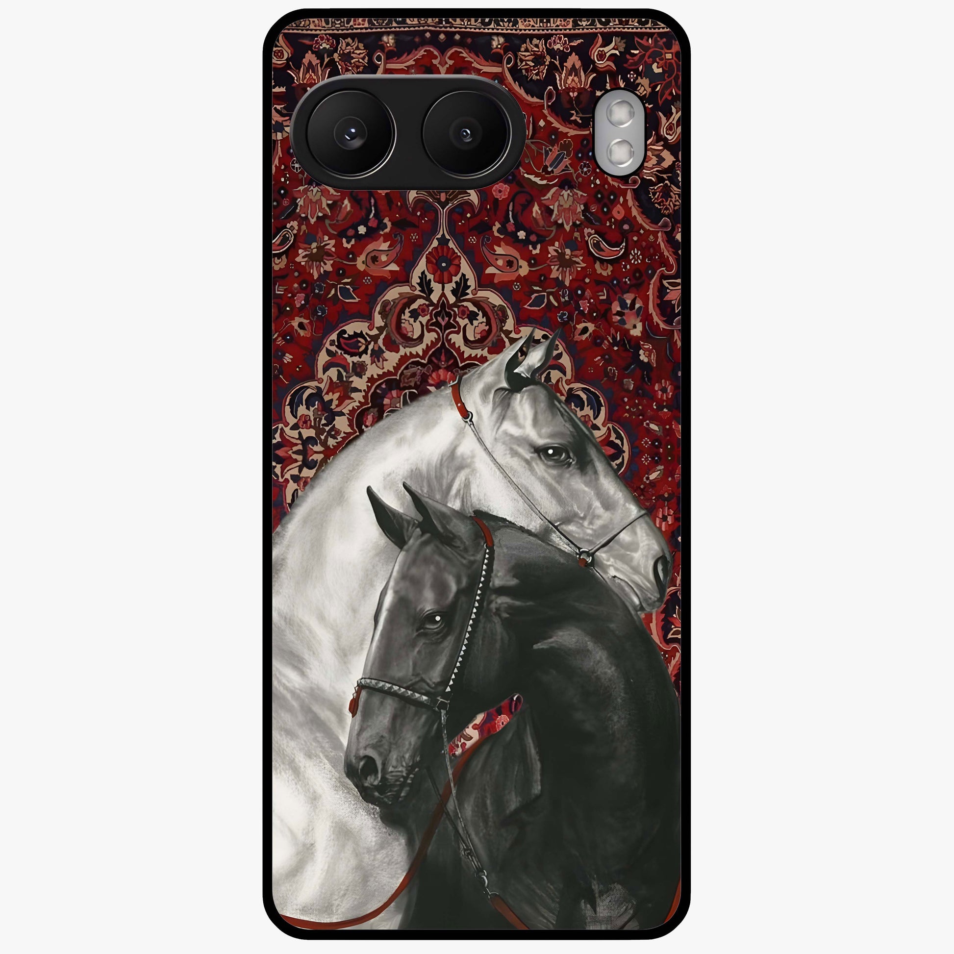 Regal Stallion Tapestry Glass Case for 1+Nord 4 powerful front view featuring majestic horse artwork with tapestry style detailing