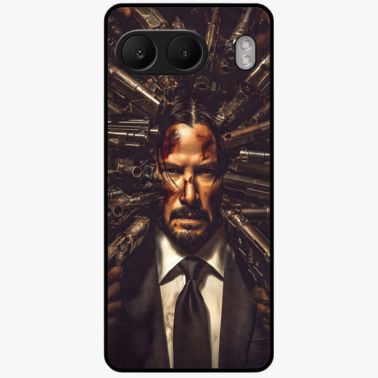 Relentless Shadow Assassin Glass Case for 1+Nord 4 intense front view featuring dark warrior inspired artwork