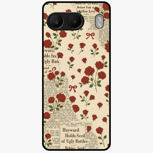 Retro Rose Journal Glass Case for 1+Nord 4 elegant front view featuring vintage rose artwork with journal aesthetic