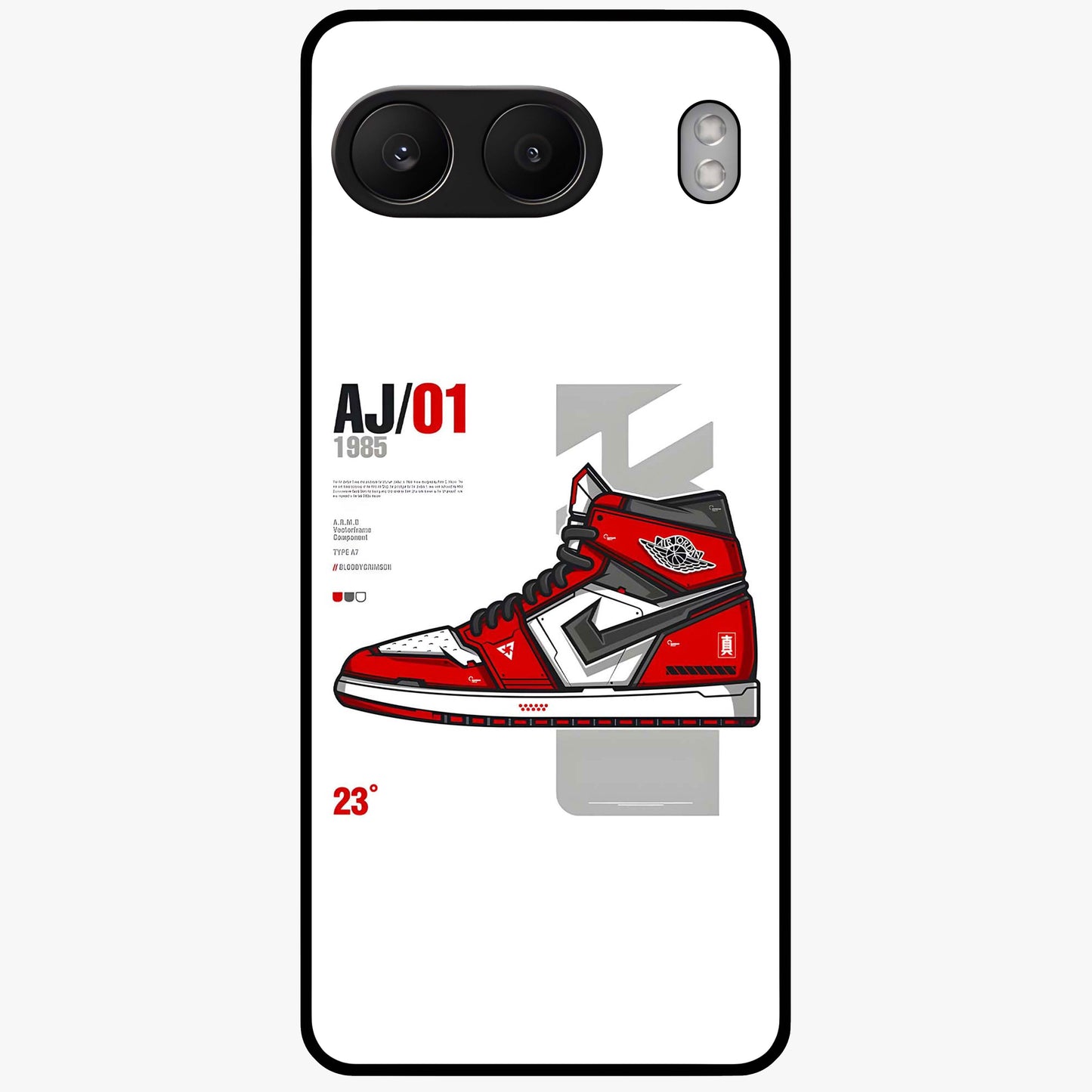 Retro Sneaker Blueprint Glass Case for 1+Nord 4 bold front view featuring sneaker blueprint style artwork