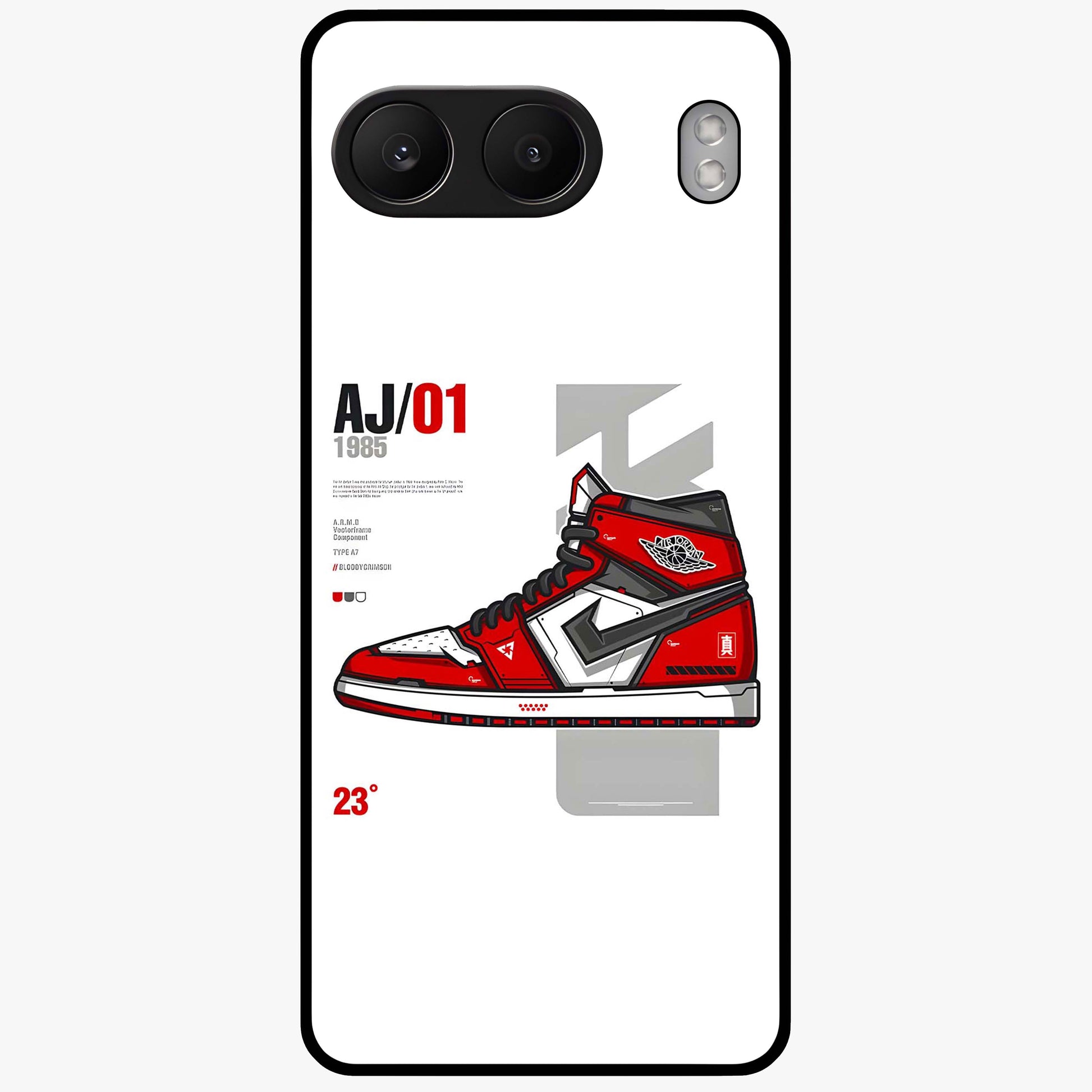 Retro Sneaker Blueprint Glass Case for 1+Nord 4 bold front view featuring sneaker blueprint style artwork