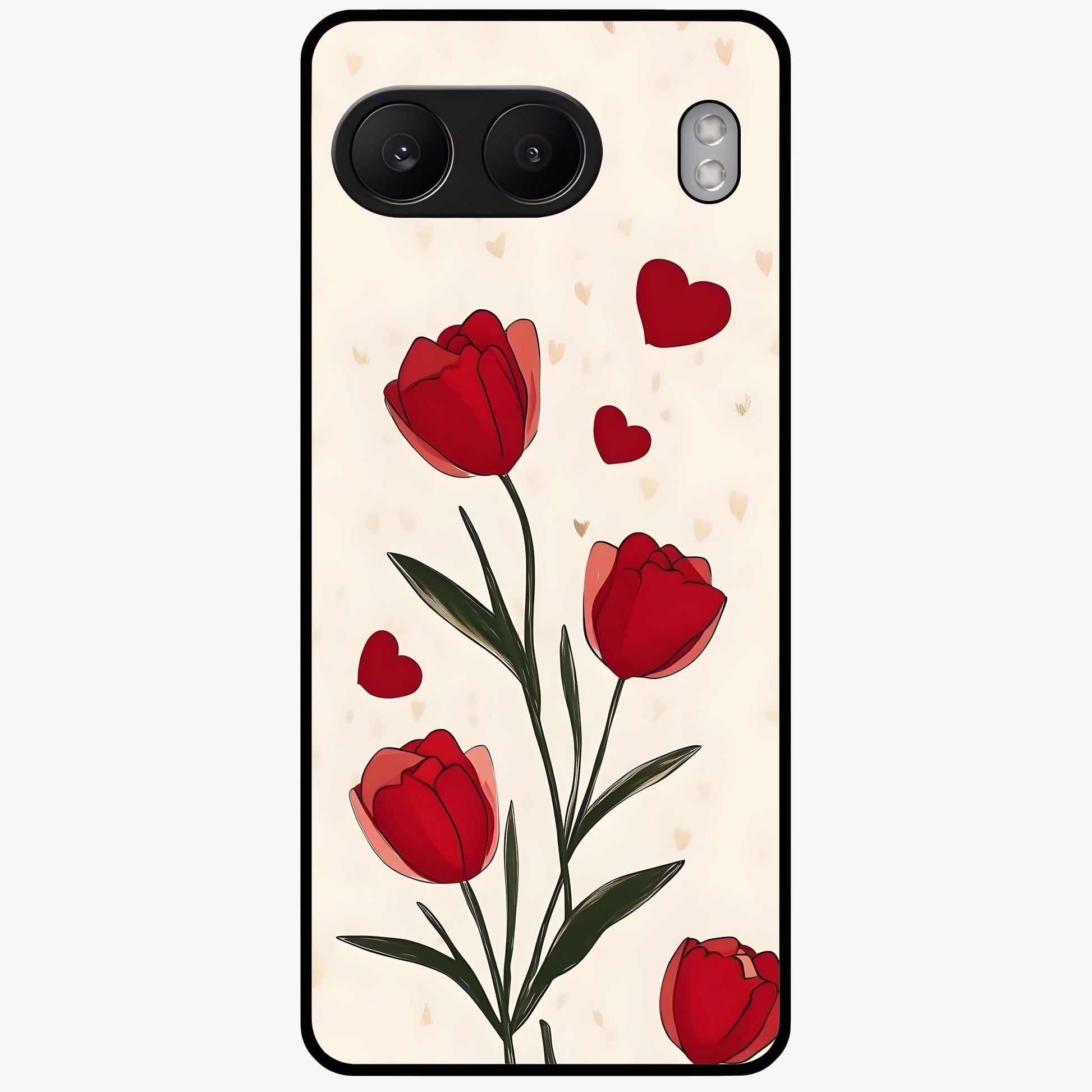 Romantic Tulip Hearts Glass Case for 1+Nord 4 sweet front view featuring tulip floral artwork with heart accents