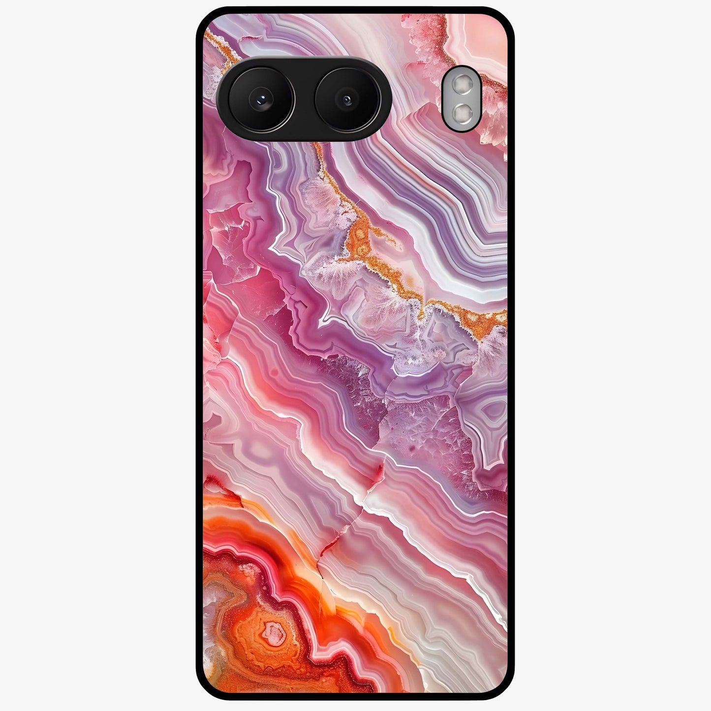 Rose Quartz Marble Glass Case for 1+Nord 4 elegant front view featuring soft pink marble texture artwork