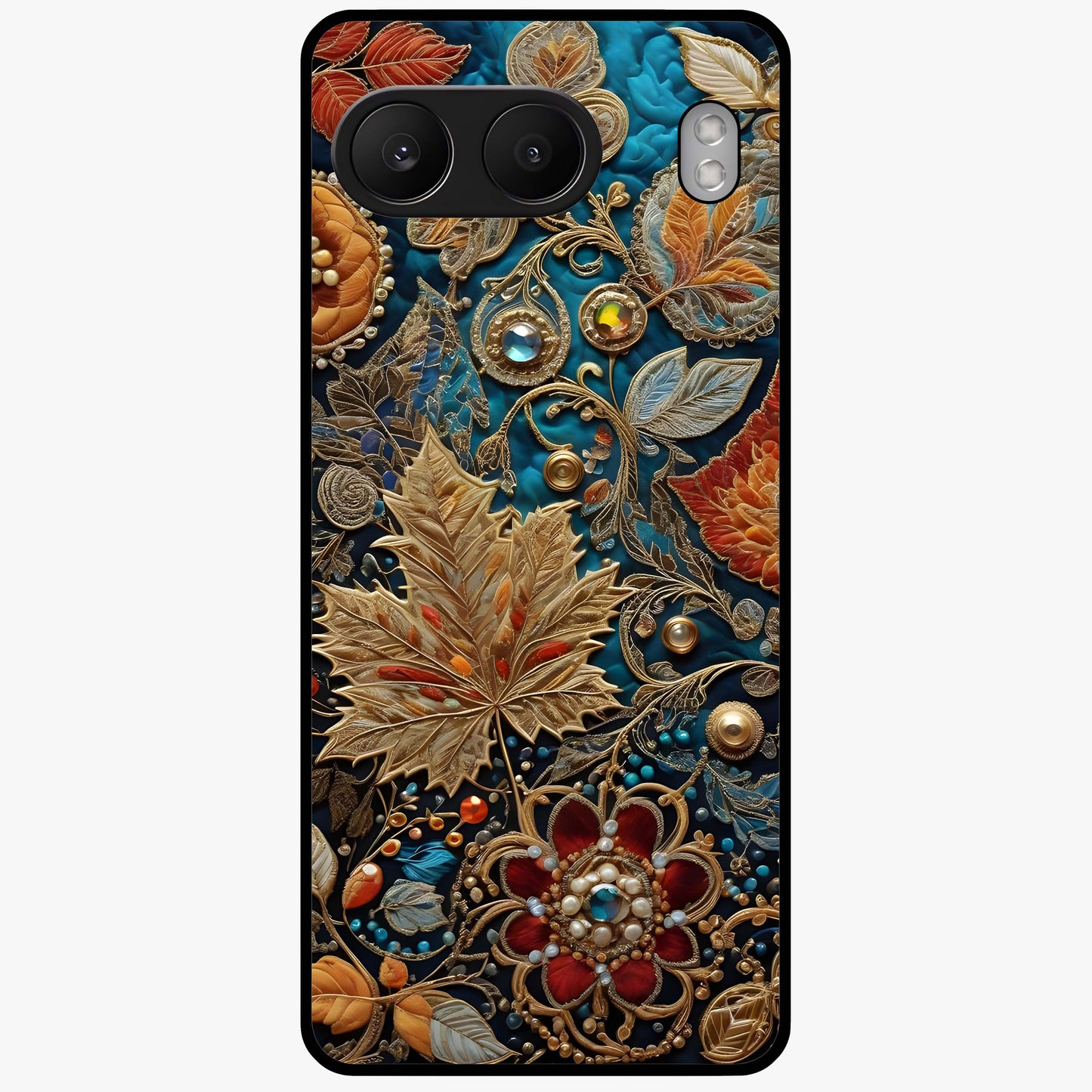 Royal Jewel Garden Glass Case for 1+Nord 4 luxurious front view featuring ornate floral artwork with jewel accents
