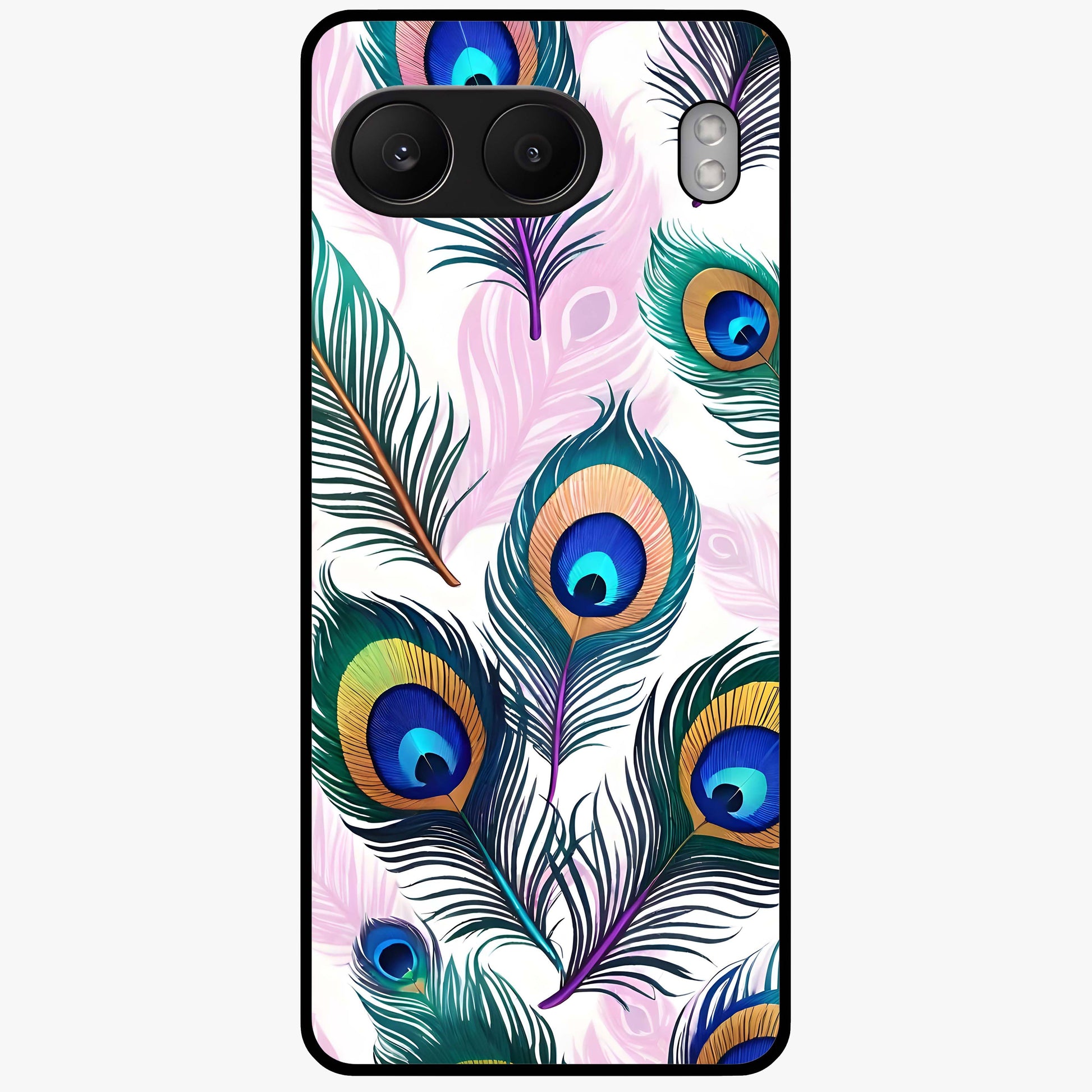 Royal Peacock Feathers Glass Case for 1+Nord 4 vibrant front view featuring detailed peacock feather artwork