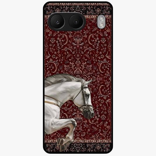 Royal Ride Rug Glass Case for 1+Nord 4 bold front view featuring intricate rug inspired artwork with riding theme