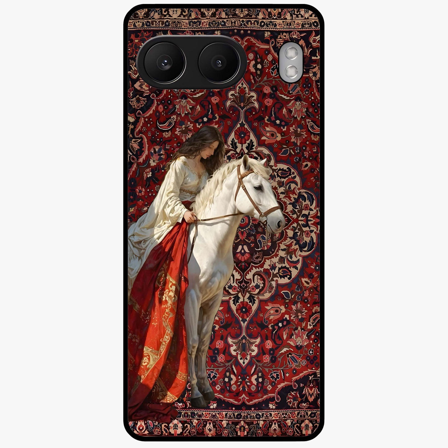 Royal Rider Tapestry Glass Case for 1+Nord 4 majestic front view featuring rider artwork in tapestry style