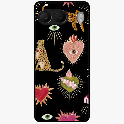Sacred Jungle Heart Glass Case for 1+Nord 4 vibrant front view featuring jungle inspired artwork with symbolic heart accents