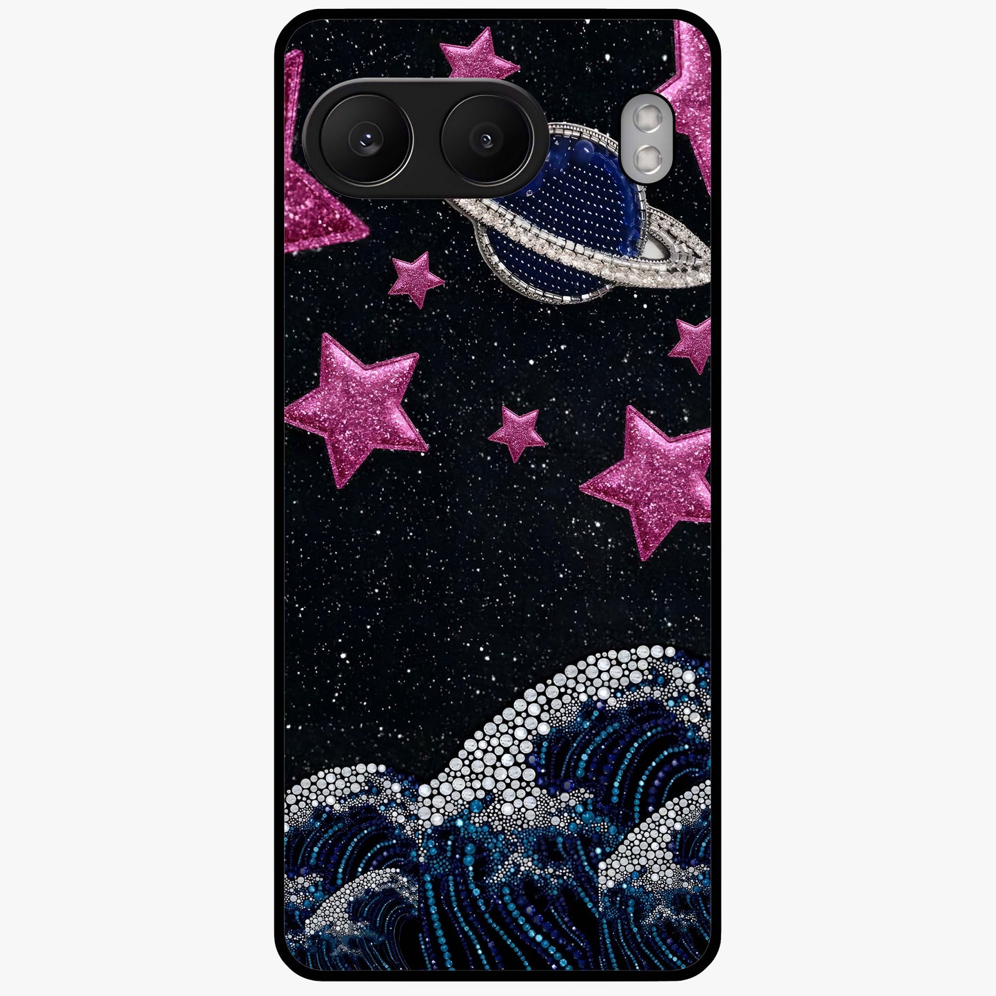 Saturn Pink Storm Glass Case for 1+Nord 4 bold front view featuring cosmic Saturn artwork in vibrant pink tones