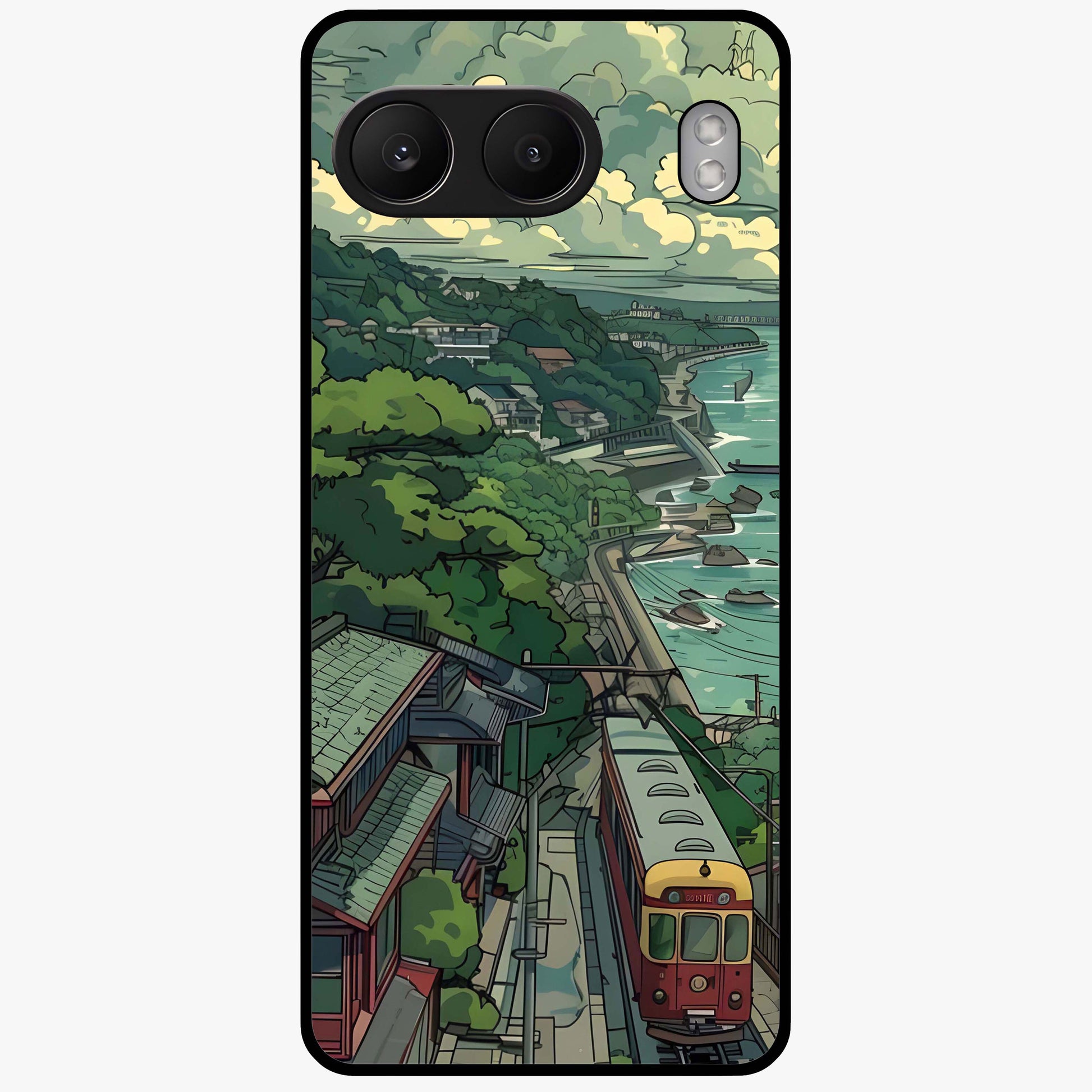 Seaside Train Ride Glass Case for 1+Nord 4 scenic front view featuring coastal train landscape artwork