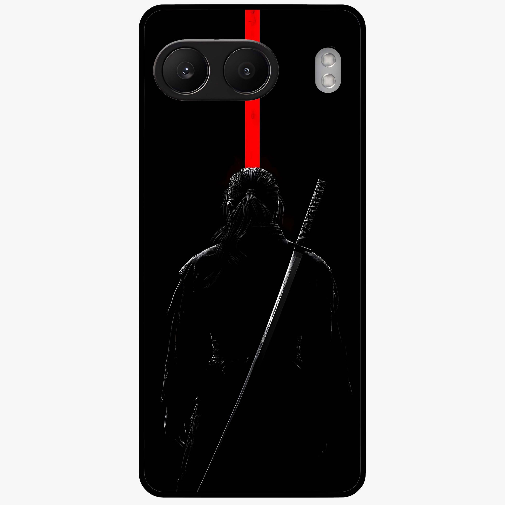 Silent Blade Resolve Glass Case for 1+Nord 4 bold front view featuring stealth warrior inspired artwork