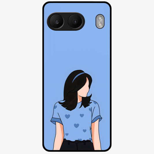 Soft Hearts Girl Glass Case for 1+Nord 4 cute front view featuring illustrated girl with soft heart accents