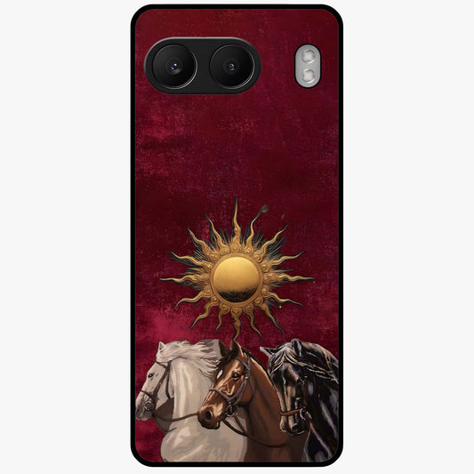 Solar Riders Glass Case for 1+Nord 4 dynamic front view featuring bold rider inspired artwork with solar tones