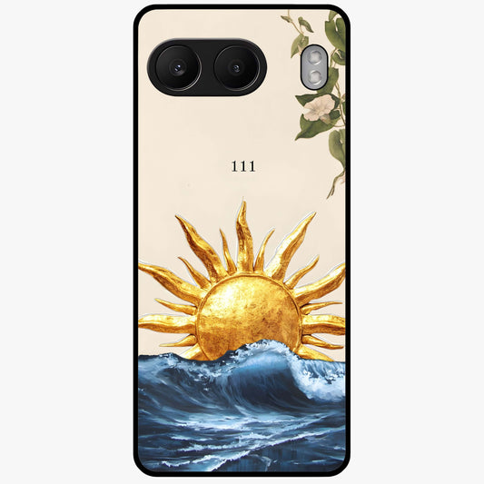 Solar Wave Bloom Glass Case for 1+Nord 4 vibrant front view featuring floral artwork blended with solar wave patterns