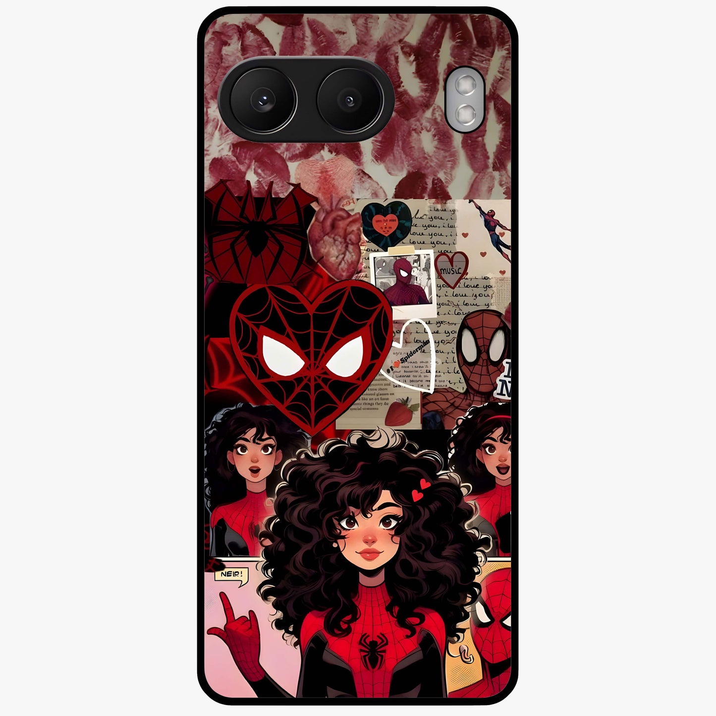 Spider Love Story Glass Case for 1+Nord 4 bold front view featuring superhero inspired romantic artwork