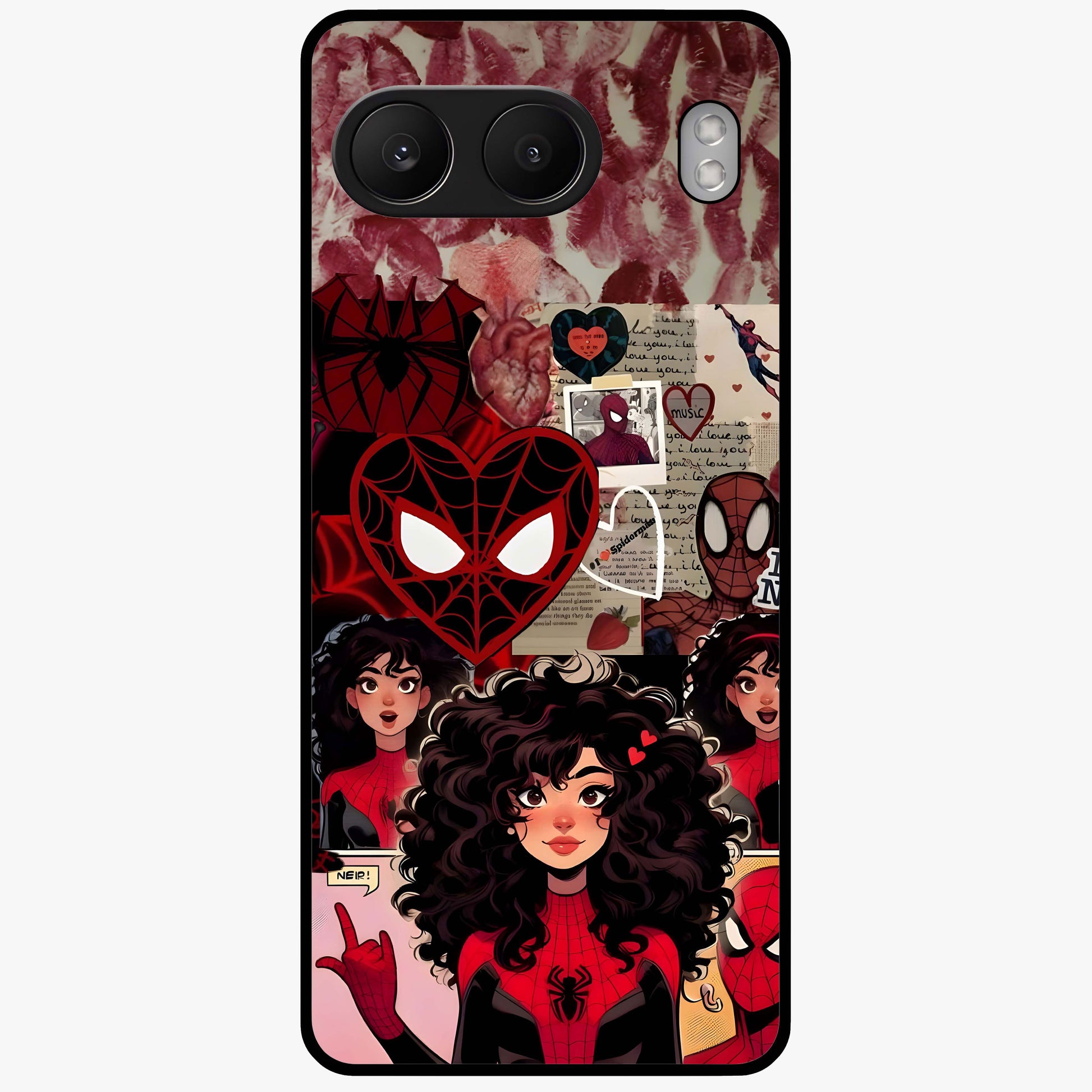 Spider Love Story Glass Case for 1+Nord 4 bold front view featuring superhero inspired romantic artwork