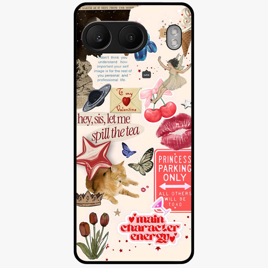 Spill the Tea Retro Collage Glass Case for 1+Nord 4 playful front view featuring vintage style collage artwork