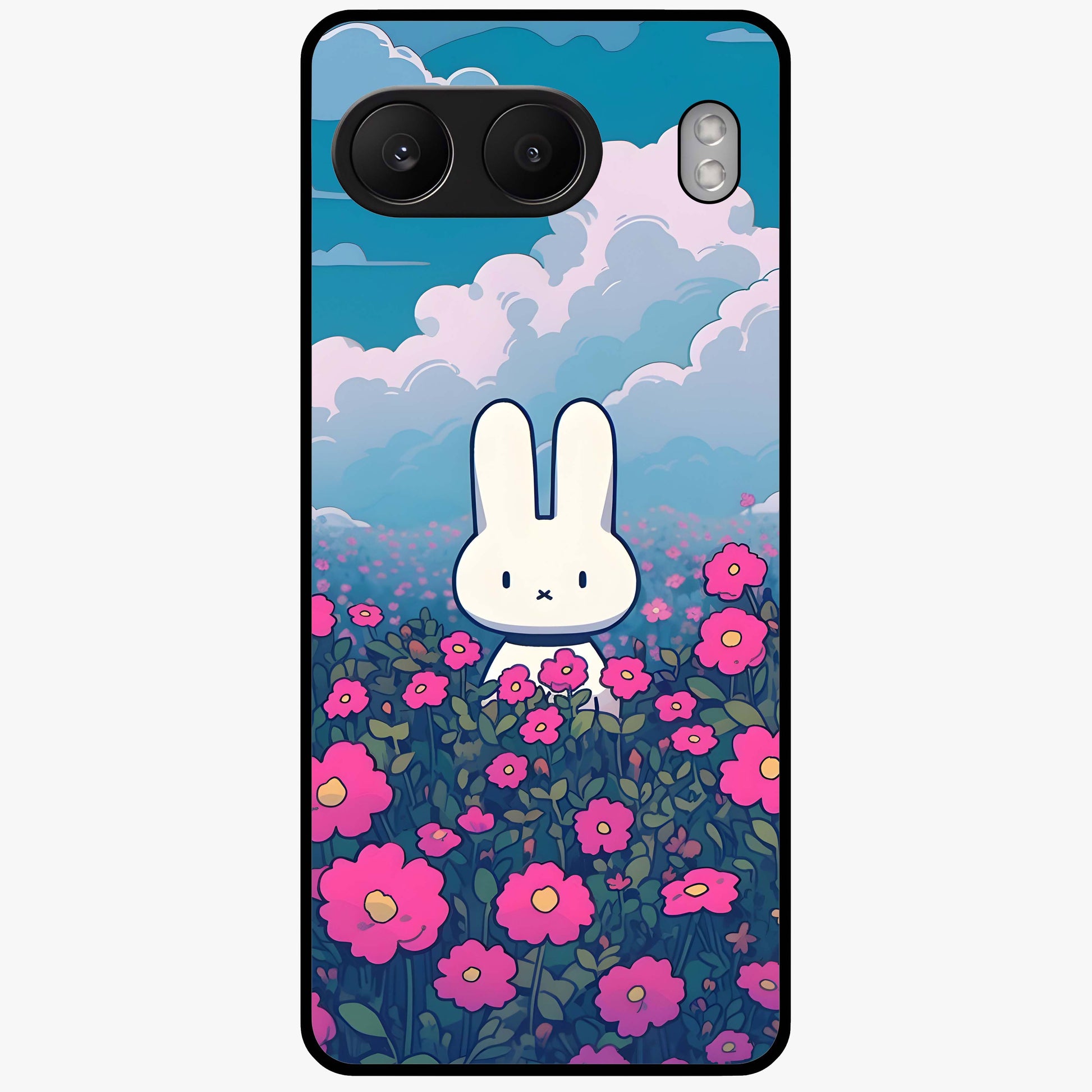 Springtime Blossom Bunny Glass Case for 1+Nord 4 adorable front view featuring bunny artwork with spring floral accents