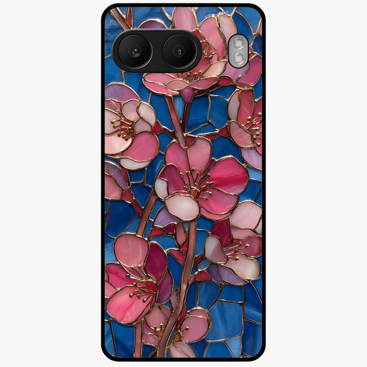 Stained Bloom Grace Glass Case for 1+Nord 4 elegant front view featuring stained glass inspired floral artwork
