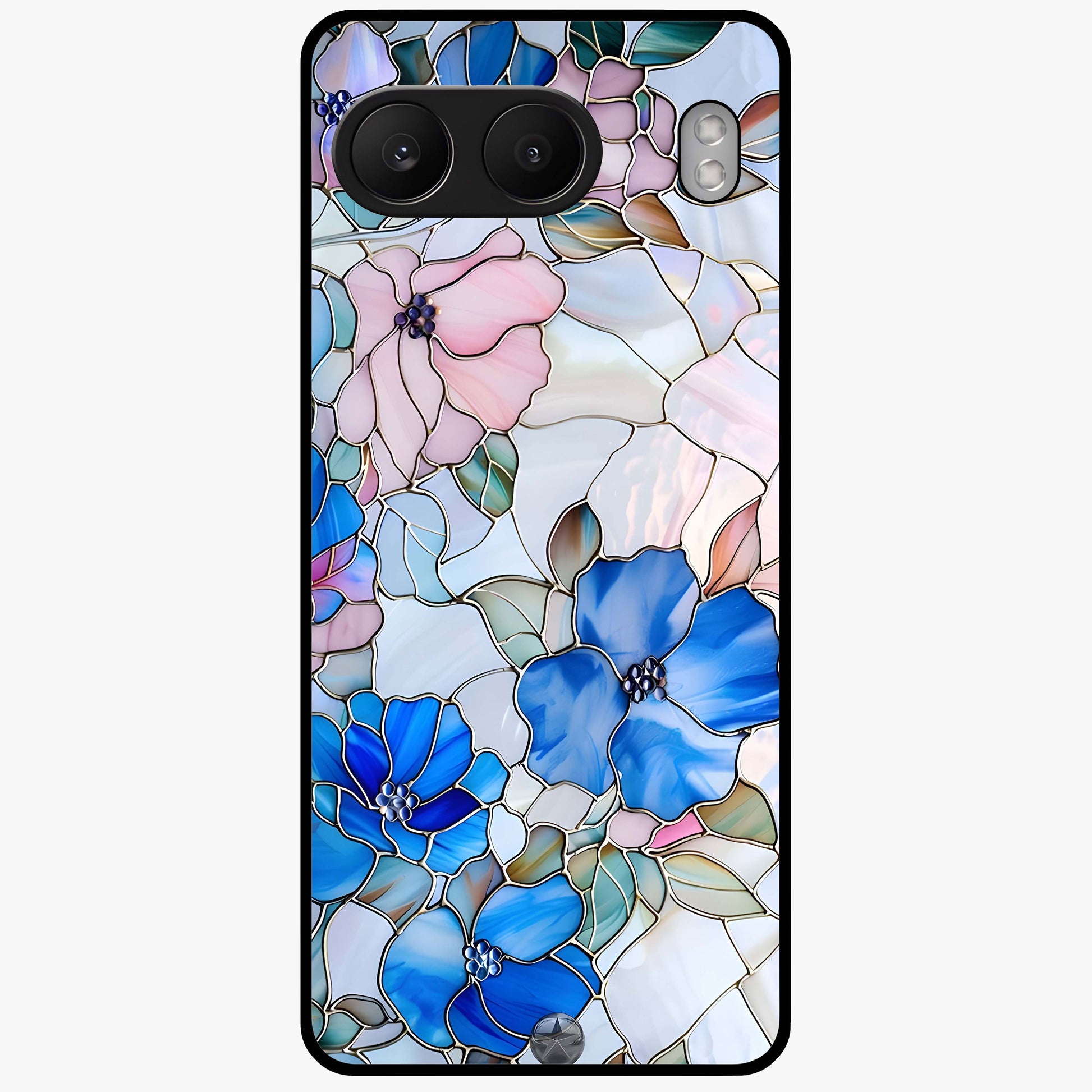 Stained Blue Floral Glass Case for 1+Nord 4 elegant front view featuring blue stained glass inspired floral artwork