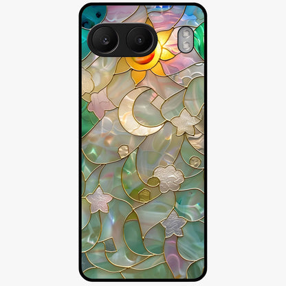 Stained Sunrise Glow Glass Case for 1+Nord 4 radiant front view featuring sunrise inspired stained glass artwork