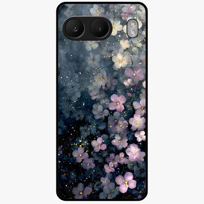 Starlit Blossom Dreams Glass Case for 1+Nord 4 dreamy front view featuring floral artwork under sparkling night sky