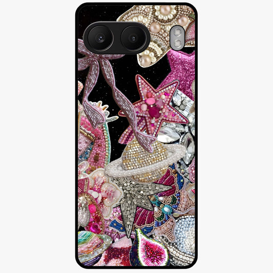 Starlit Jewel Dream Glass Case for 1+Nord 4 luxurious front view featuring jewel inspired artwork with star accents