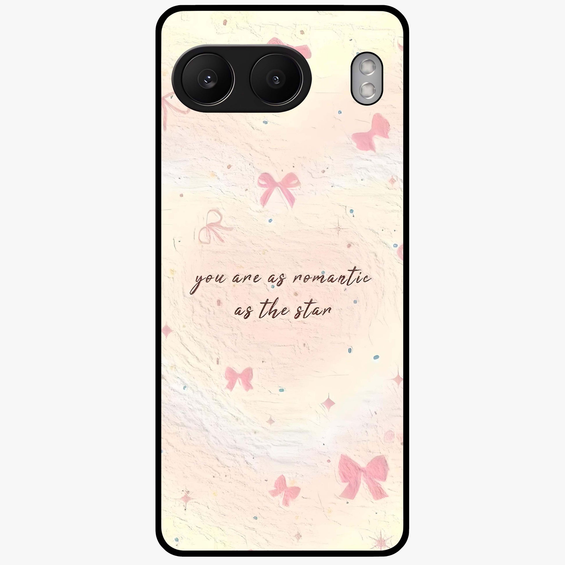 Starry Bow Romance Glass Case for 1+Nord 4 charming front view featuring romantic bow artwork with star accents