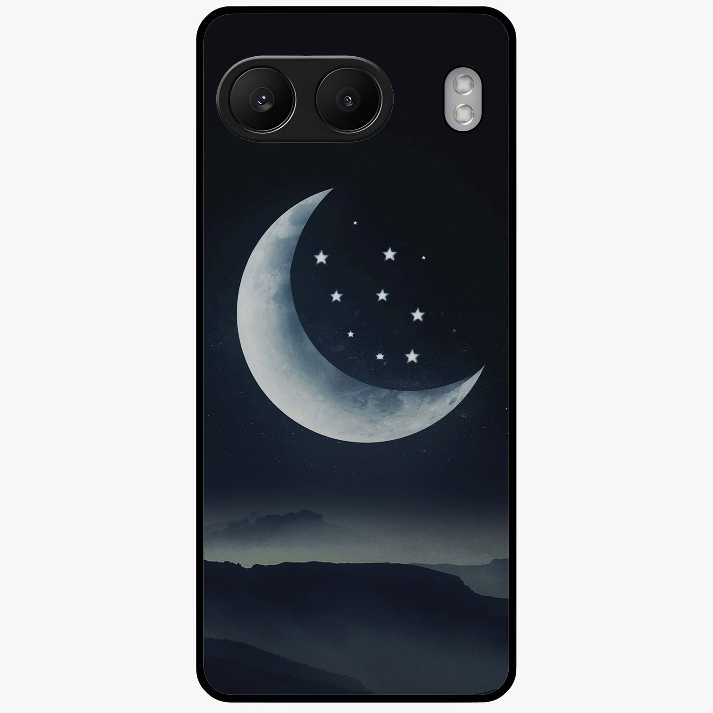 Starry Moon Pattern Glass Case for 1+Nord 4 dreamy front view featuring moon and star patterned artwork
