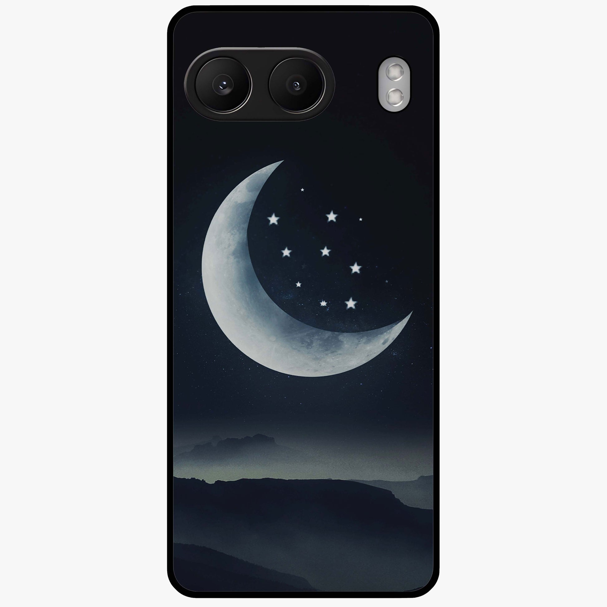 Starry Moon Pattern Glass Case for 1+Nord 4 dreamy front view featuring moon and star patterned artwork