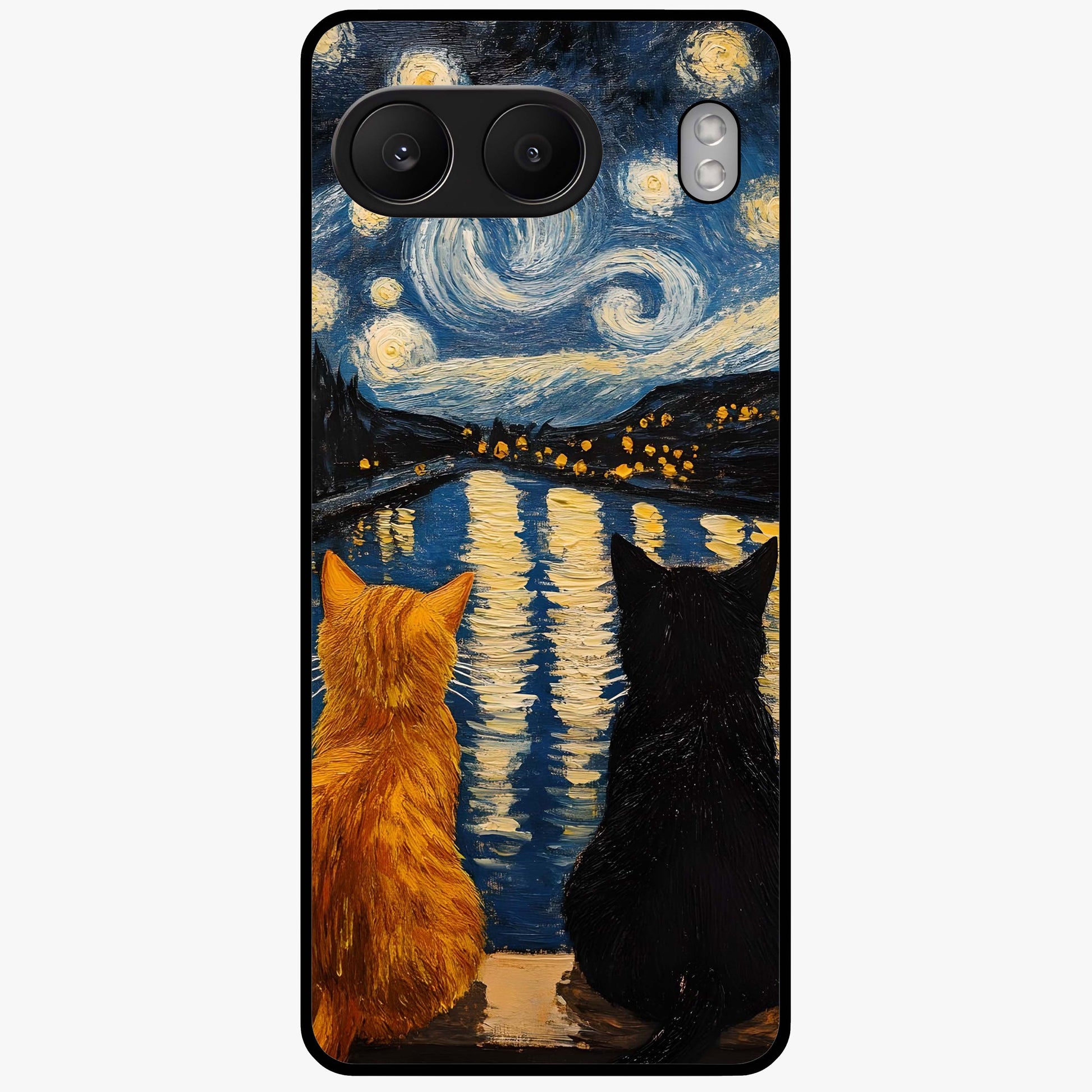 Starry River Cats Glass Case for 1+Nord 4 artistic front view featuring cats by a glowing river under starry sky