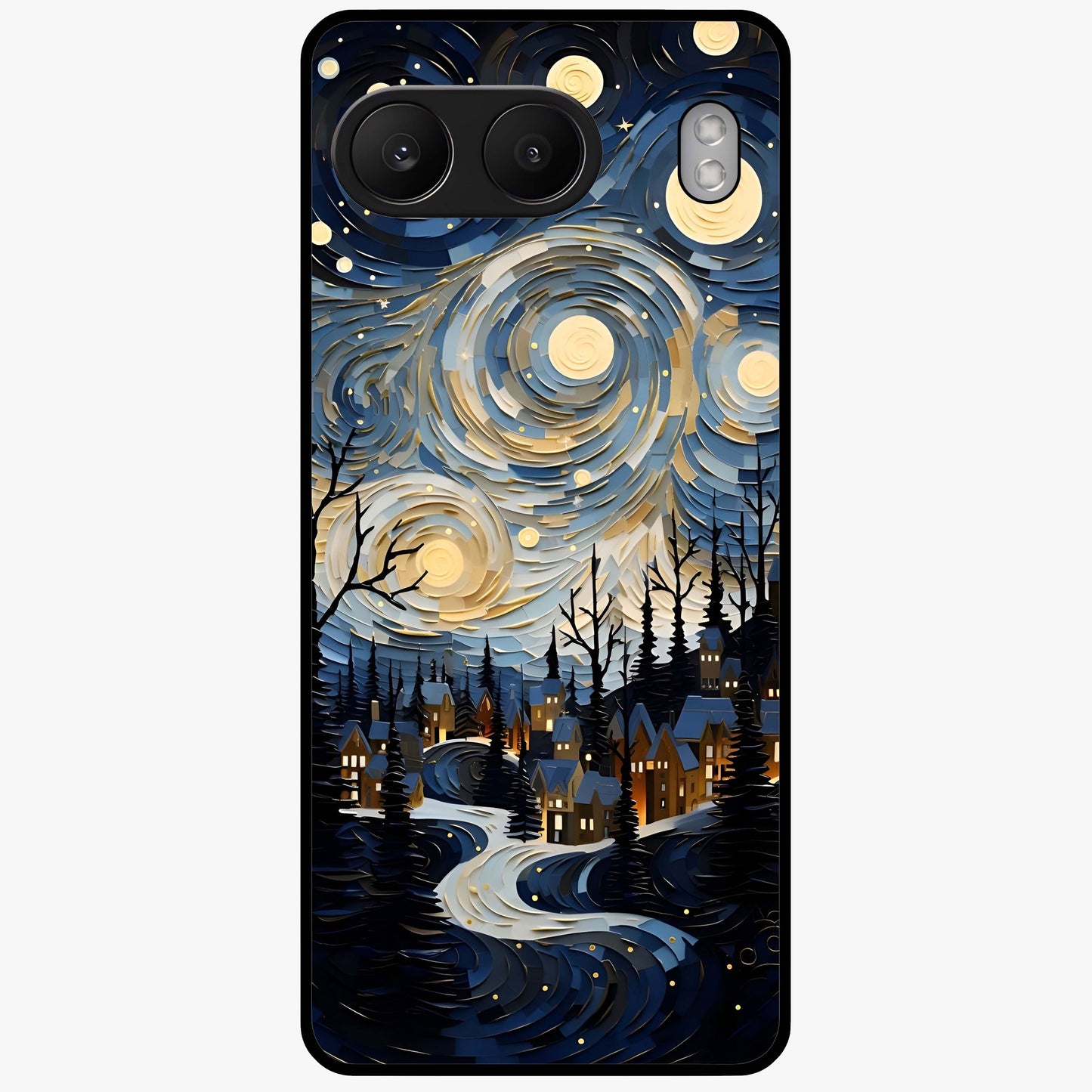 Starry Winter Town Glass Case for 1+Nord 4 scenic front view featuring snowy town artwork under sparkling night sky