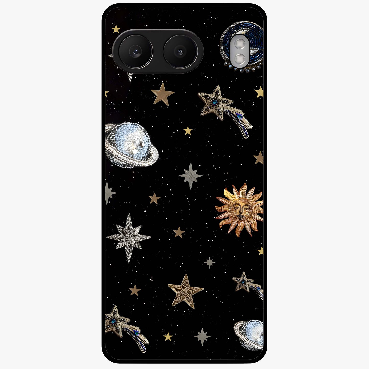 Stars and Planets Brooches Glass Case for 1+Nord 4 elegant front view featuring celestial jewelry inspired artwork