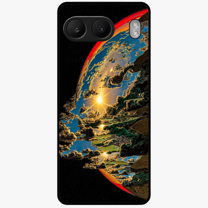 Sunrise Bursting Glass Case for 1+Nord 4 radiant front view featuring vibrant sunrise inspired artwork