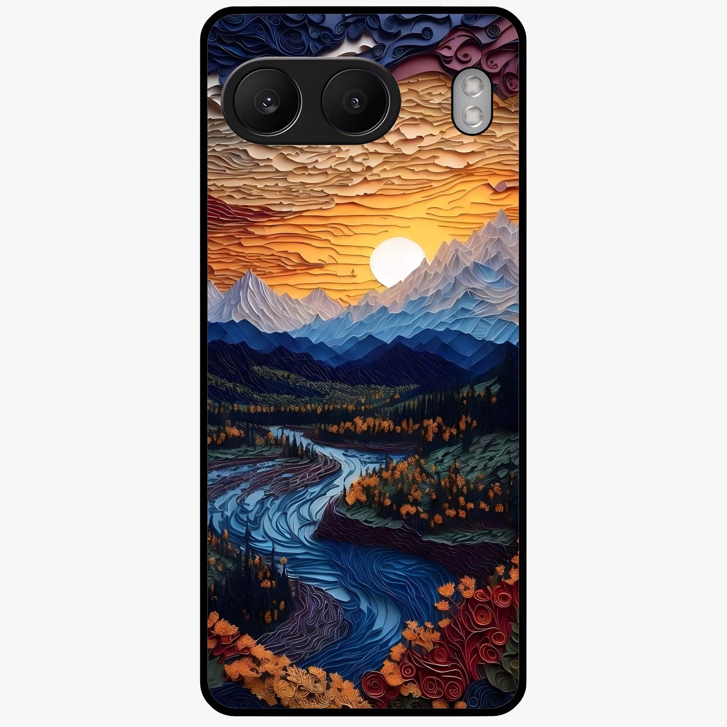 Sunrise River Dreams Glass Case for 1+Nord 4 scenic front view featuring river landscape under glowing sunrise sky