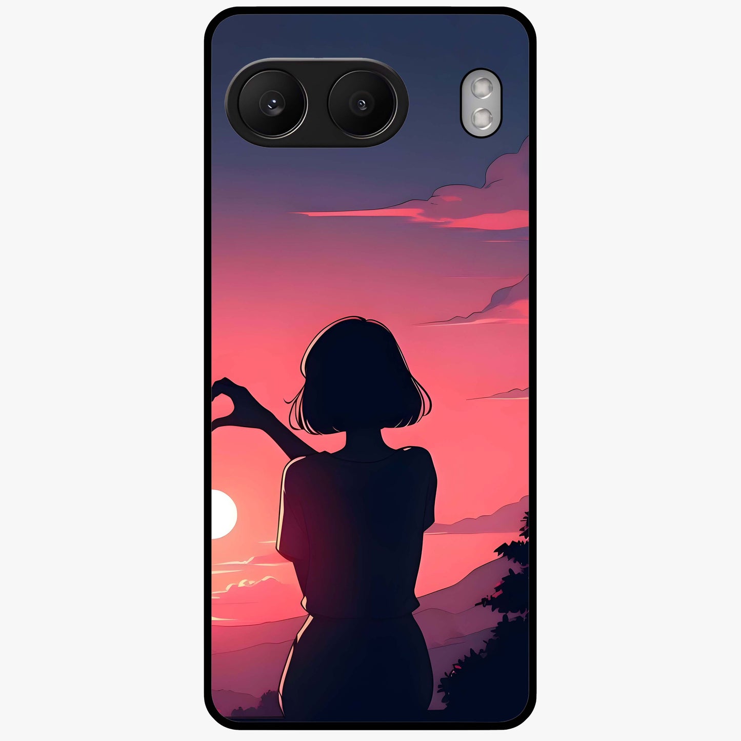 Sunset Silhouette Boy Glass Case for 1+Nord 4 artistic front view featuring boy silhouette against warm sunset backdrop